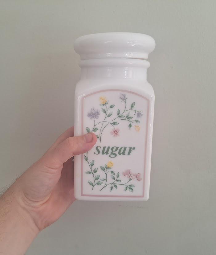 Vintage Milk Glass Tea Coffee Sugar Canister Set | Made in England | Floral Kitchen Storage Jars with Lids | Cottagecore Farmhouse Decor