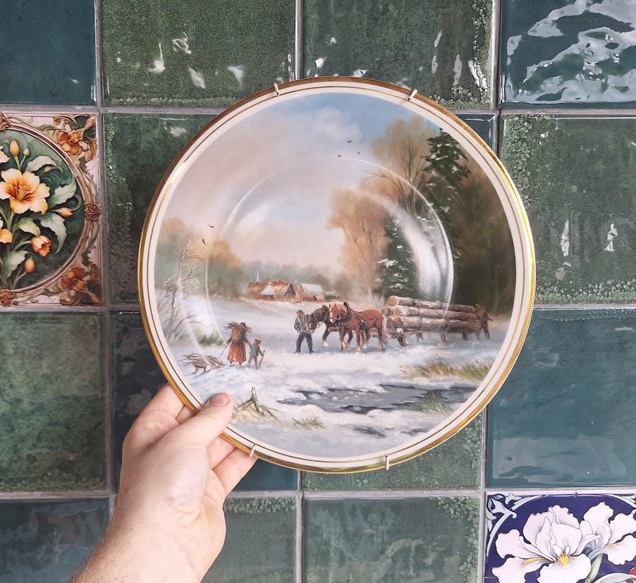 Vintage Schumann Arzberg Collector Plate: Winter Horse Logging Scene, Fine China Wall Decor