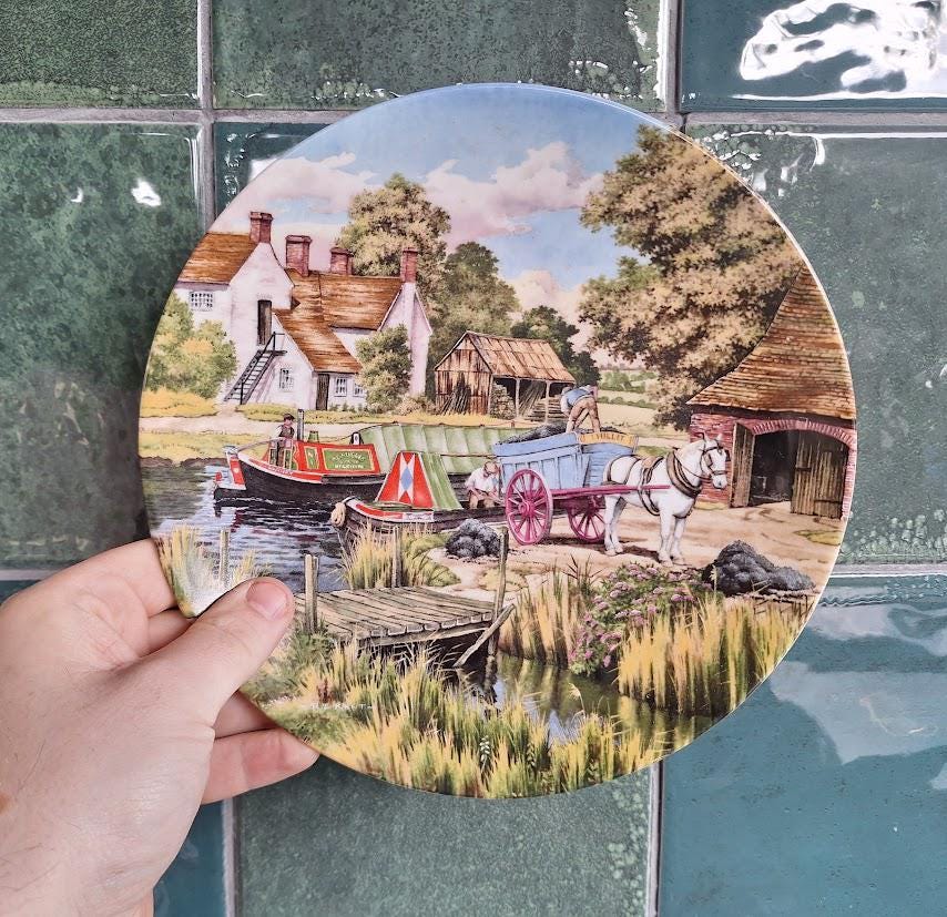 Royal Worcester Collector Plate: Loading Up Canal Boat Scene, Romance Waterways (1990)
