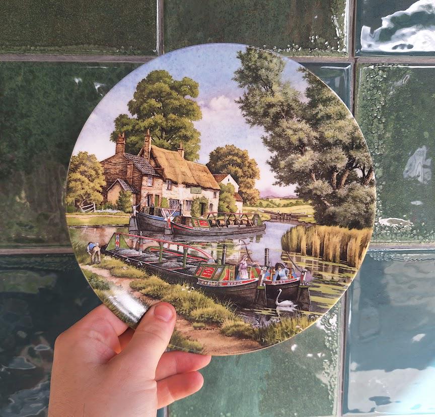 Royal Worcester Collector Plate: Mooring Up Canal Scene by Roger Kent (1990)