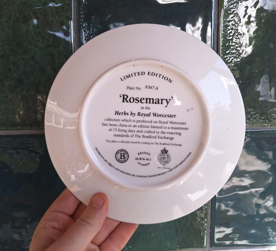 Royal Worcester Rosemary Herbs Collector Plate, Fine Bone China Botanical Butterfly (Boxed With Certificate)