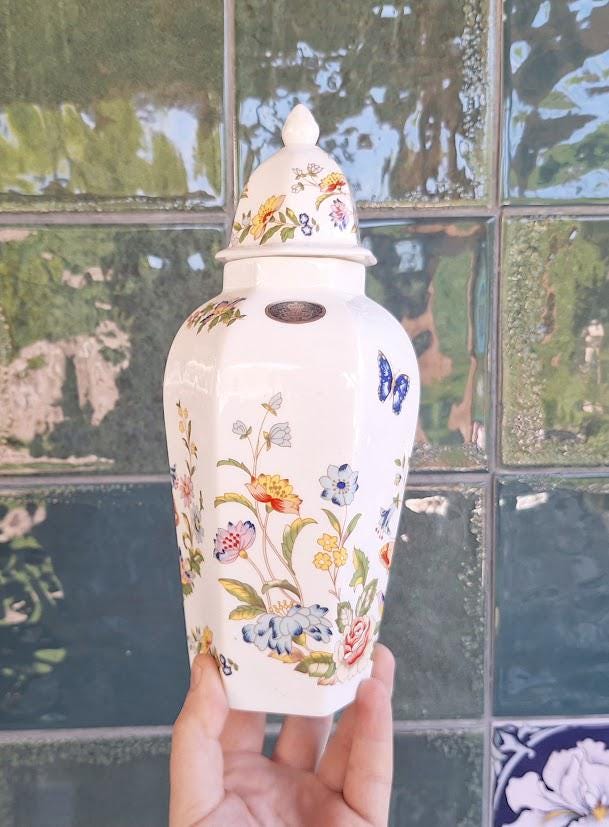 Vintage Aynsley Cottage Garden Lidded Jar  Fine Bone China Floral Butterfly Waterford