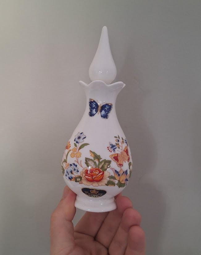 Vintage Aynsley Cottage Garden Derwent Perfume Bottle, Fine Bone China Floral Butterfly Stopper