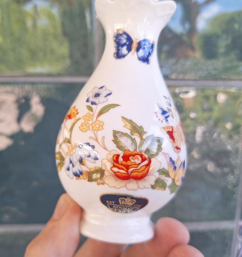 Vintage Aynsley Cottage Garden Derwent Perfume Bottle, Fine Bone China Floral Butterfly Stopper