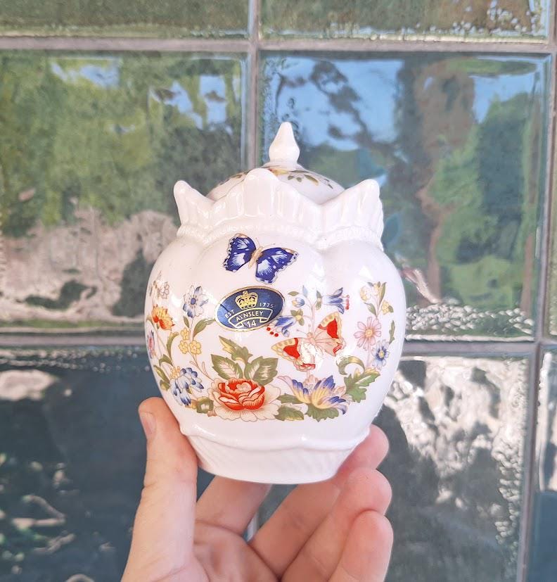 Vintage Aynsley Cottage Garden Lidded Trinket Jar  Fine Bone China Floral Butterfly