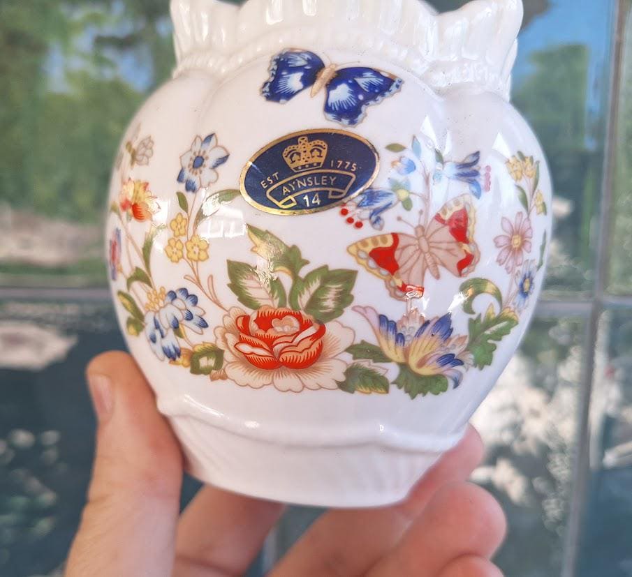 Vintage Aynsley Cottage Garden Lidded Trinket Jar  Fine Bone China Floral Butterfly