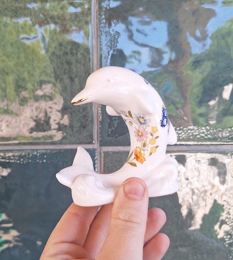 Vintage Aynsley Cottage Garden Dolphin Figurine, Fine Bone China Ornament Made England