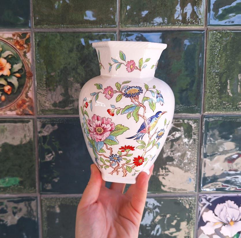 Vintage Aynsley Pembroke Large Hexagonal Vase, Fine English Bone China Bird Floral