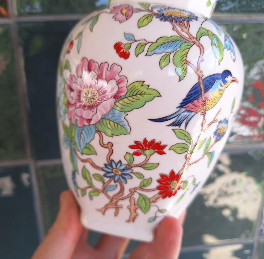 Vintage Aynsley Pembroke Large Hexagonal Vase, Fine English Bone China Bird Floral