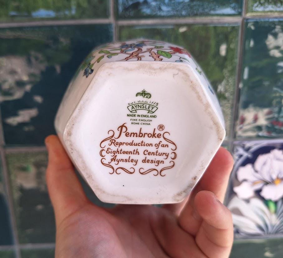 Vintage Aynsley Pembroke Large Hexagonal Vase, Fine English Bone China Bird Floral