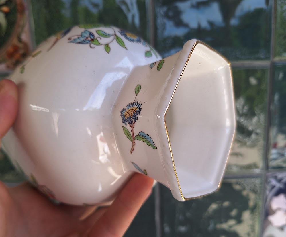 Vintage Aynsley Pembroke Large Hexagonal Vase, Fine English Bone China Bird Floral