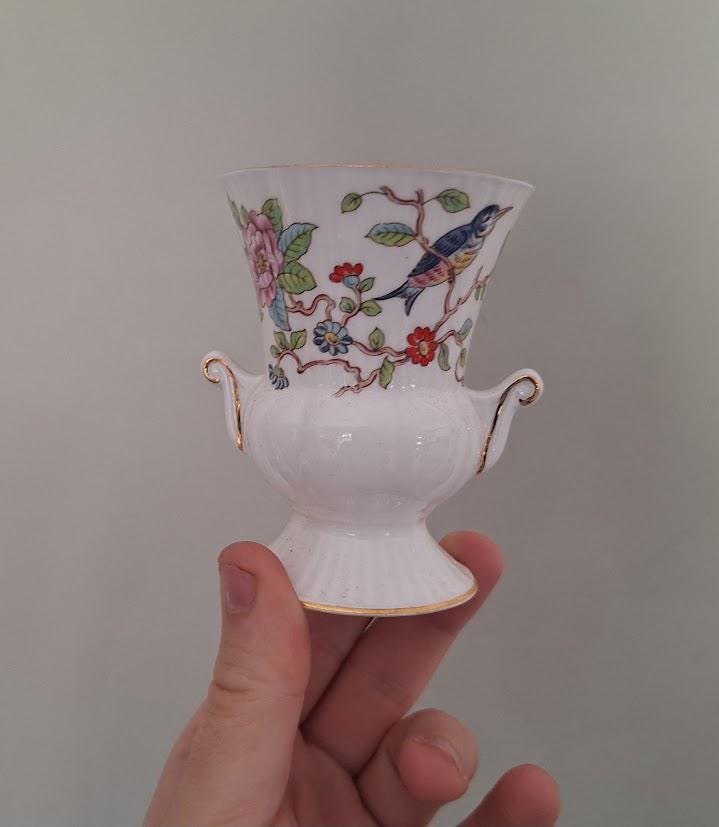 Vintage Aynsley Pembroke Miniature Urn Vase: Fine Bone China Bird Floral (3.25 Inch)