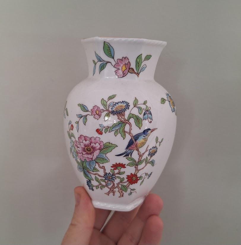 Aynsley Pembroke Hexagonal Vase: English Bone China Bird Floral Chinoiserie Decor