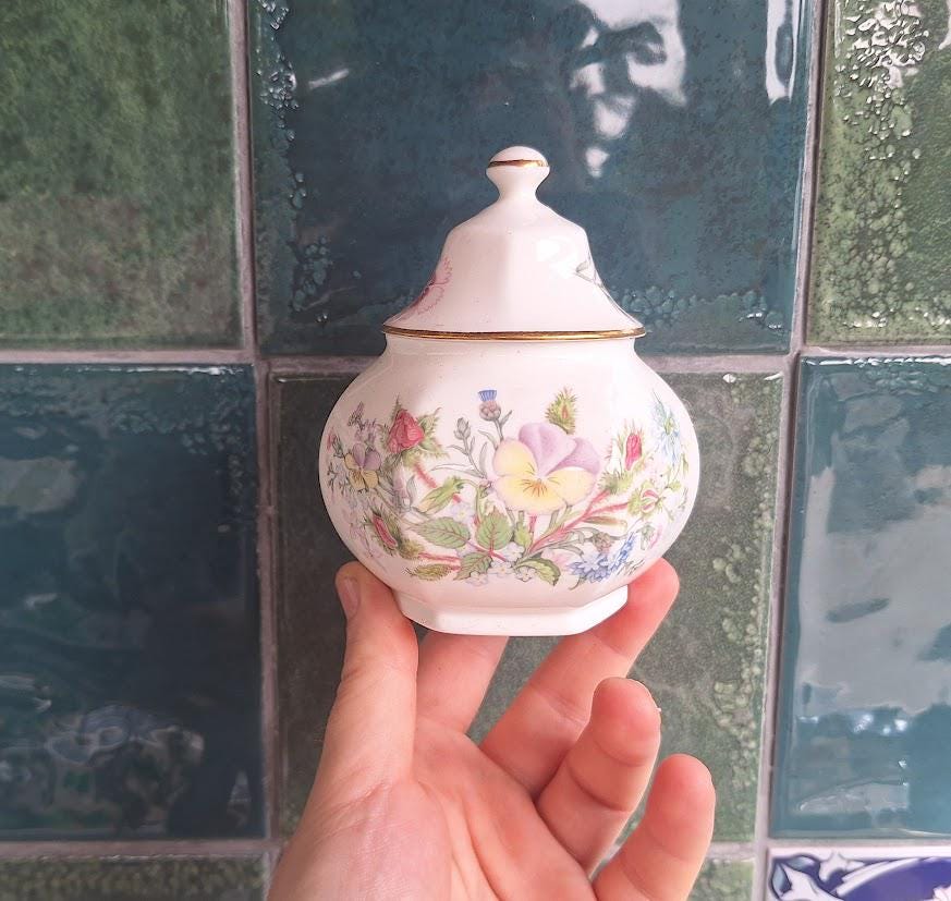 Vintage Aynsley Wild Tudor Ginger Jar, Small Hexagonal Fine Bone China Spice Pot