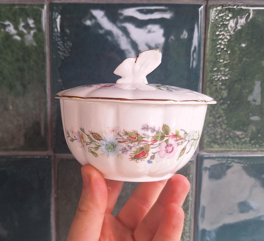 Vintage Aynsley Wild Tudor Powder Box with Butterfly Lid Fine Bone China Floral Trinket Box