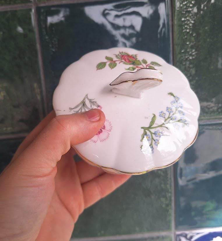 Vintage Aynsley Wild Tudor Powder Box with Butterfly Lid Fine Bone China Floral Trinket Box