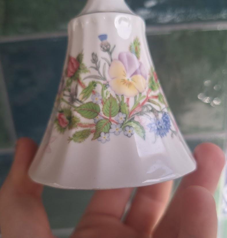 Vintage Aynsley Wild Tudor Portland Bell 5.25in Fine Bone China Floral Hand Bell with Clapper Gold Trim Made in England 1990s