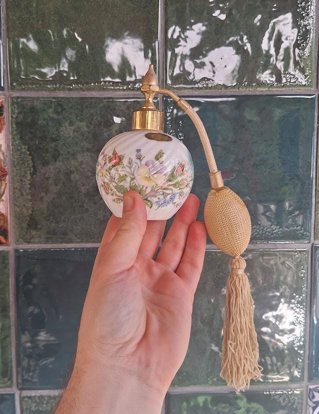 Vintage Aynsley Wild Tudor Perfume Atomiser, Fine Bone China Scent Bottle, Gold Tassel