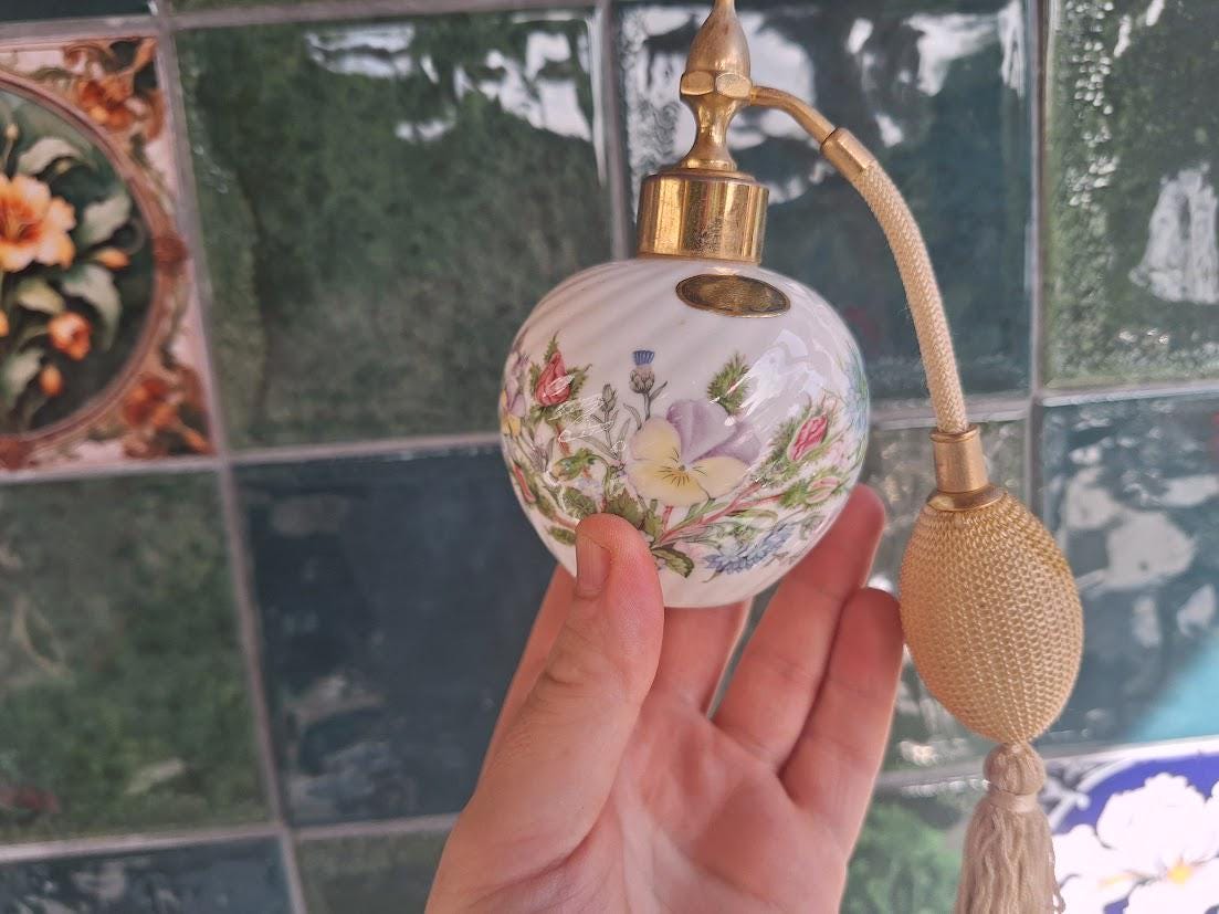 Vintage Aynsley Wild Tudor Perfume Atomiser, Fine Bone China Scent Bottle, Gold Tassel