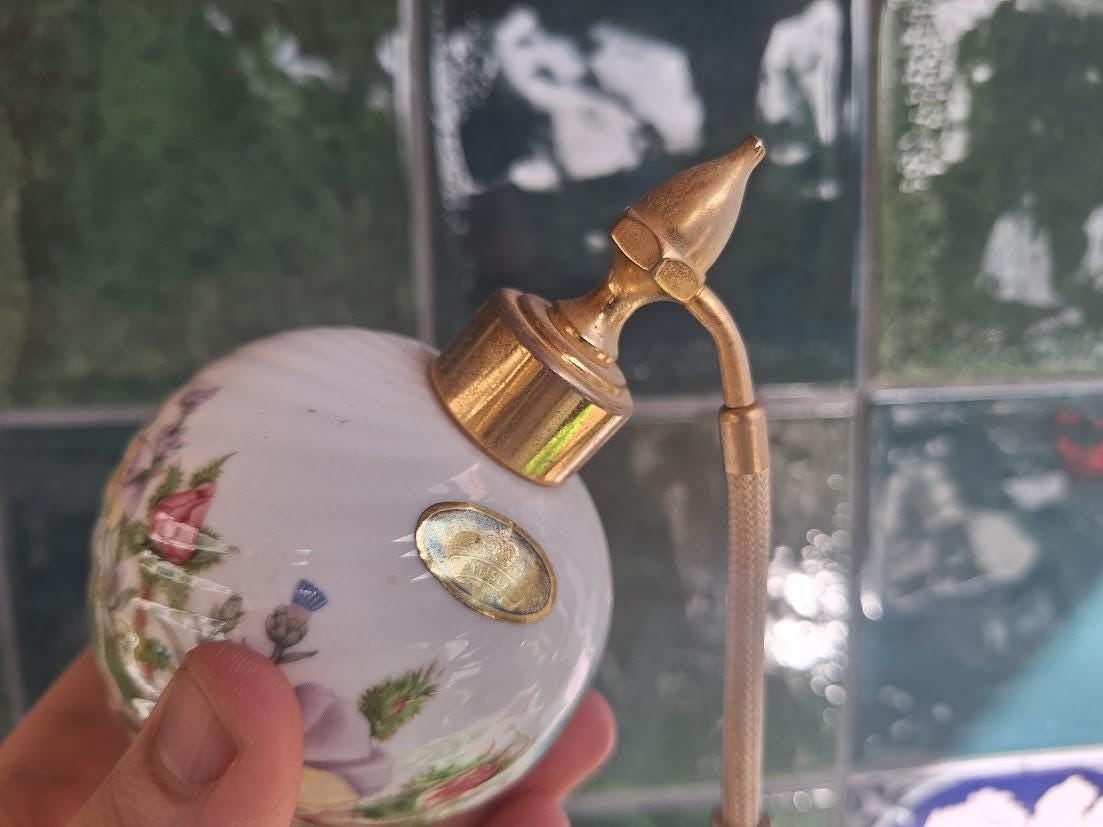 Vintage Aynsley Wild Tudor Perfume Atomiser, Fine Bone China Scent Bottle, Gold Tassel