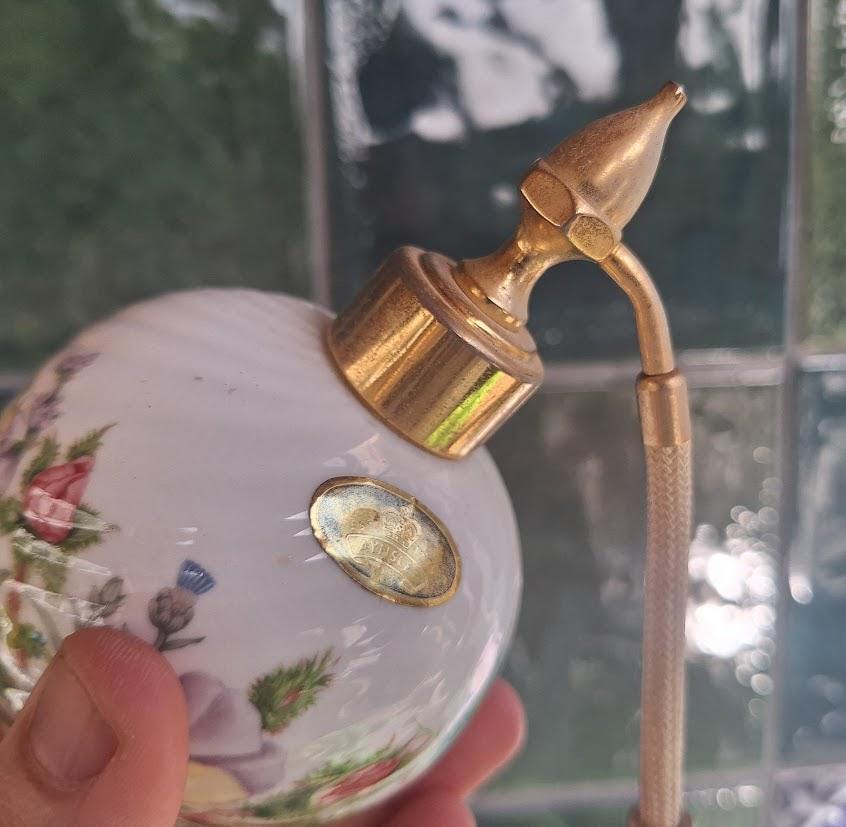 Vintage Aynsley Wild Tudor Perfume Atomiser, Fine Bone China Scent Bottle, Gold Tassel
