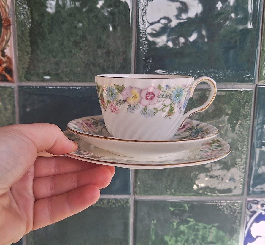 Vintage Aynsley Wild Tudor Tea Trio, Crocus Relief Bone China Cup, Saucer, Plate