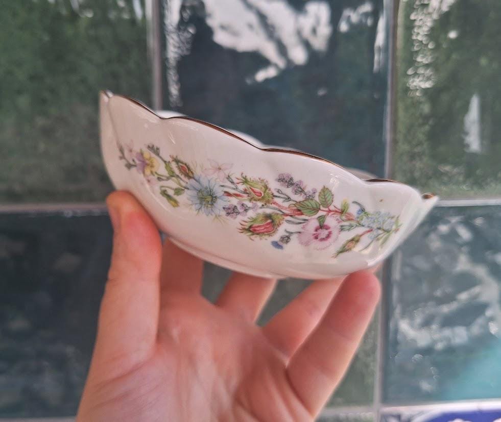 Vintage Aynsley Wild Tudor Fine Bone China Wavy Edge Bowl, Floral Trinket Dish England