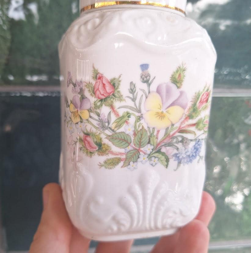 Vintage Aynsley Wild Tudor Biscuit Barrel, Fine Bone China Floral Cookie Jar (7.5in)