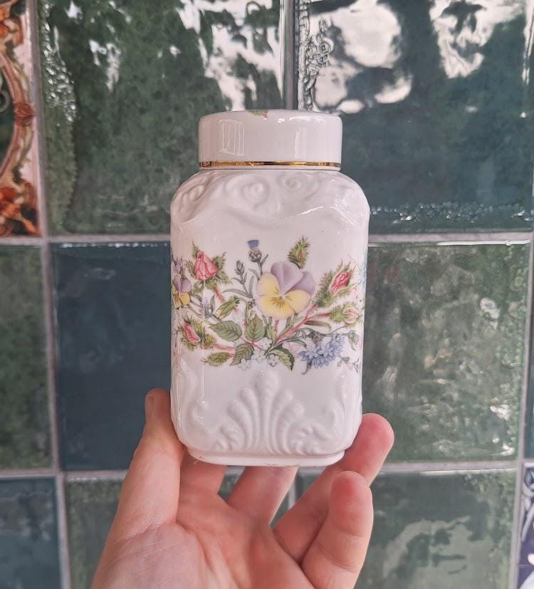 Vintage Aynsley Wild Tudor Biscuit Barrel, Fine Bone China Floral Cookie Jar (7.5in)