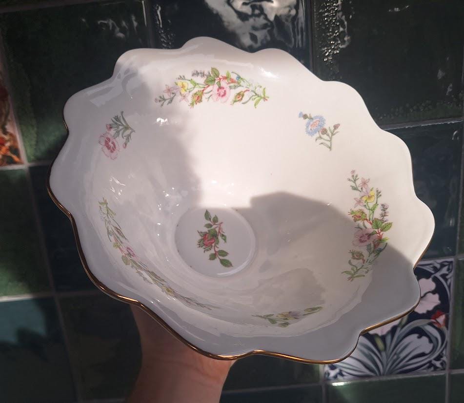 Vintage Aynsley Wild Tudor Footed Bowl, Fine Bone China Floral Centrepiece, England