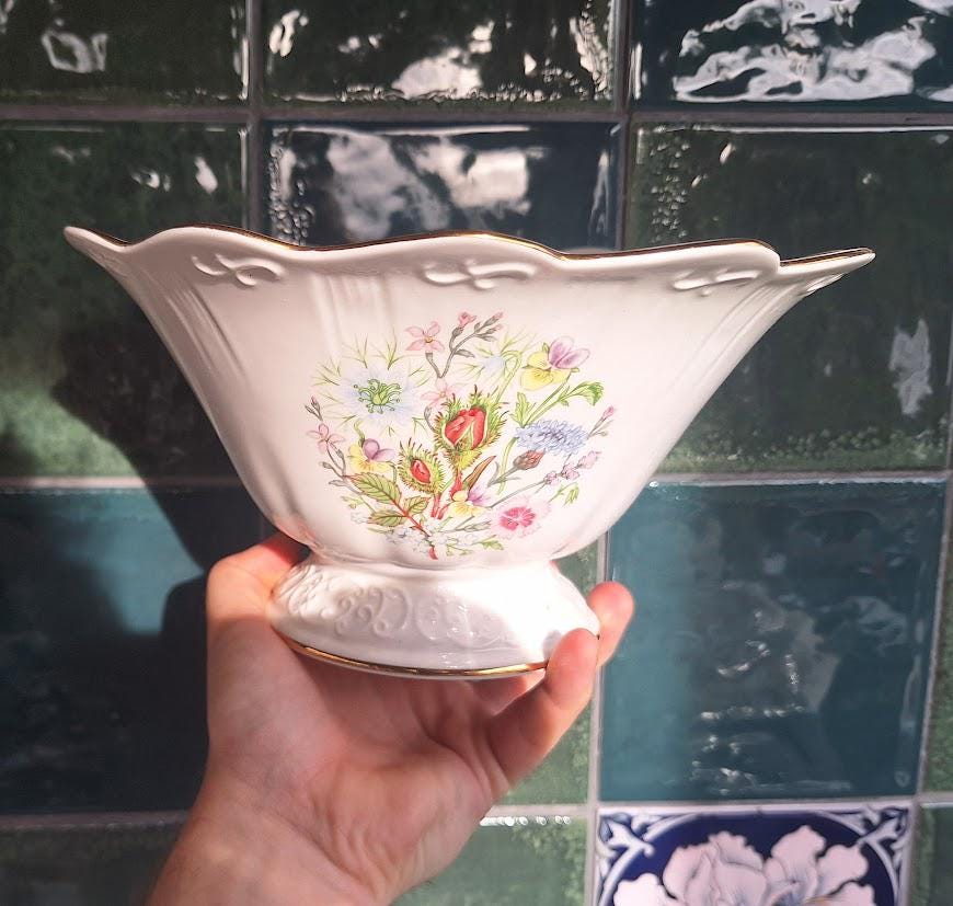 Vintage Aynsley Wild Tudor Footed Bowl, Fine Bone China Floral Centrepiece, England