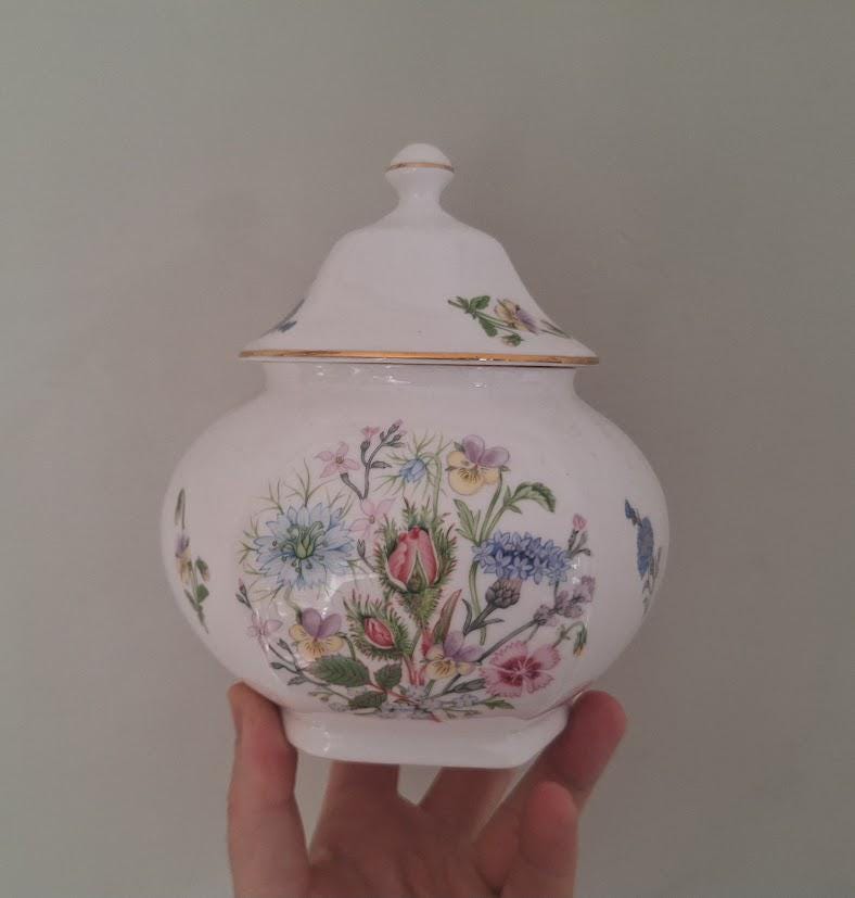 Vintage Aynsley Wild Tudor Hexagonal Caddy, Fine Bone China Floral Tea Jar