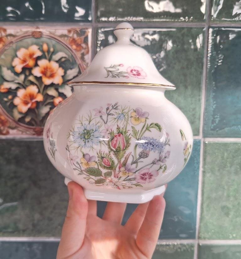 Vintage Aynsley Wild Tudor Hexagonal Caddy, Fine Bone China Floral Tea Jar
