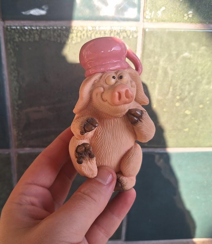 Vintage Piggin Potty Figurine 1997 David Corbridge Handmade Resin Pig Wearing Pink Potty Hat Collectable Ornament No Box