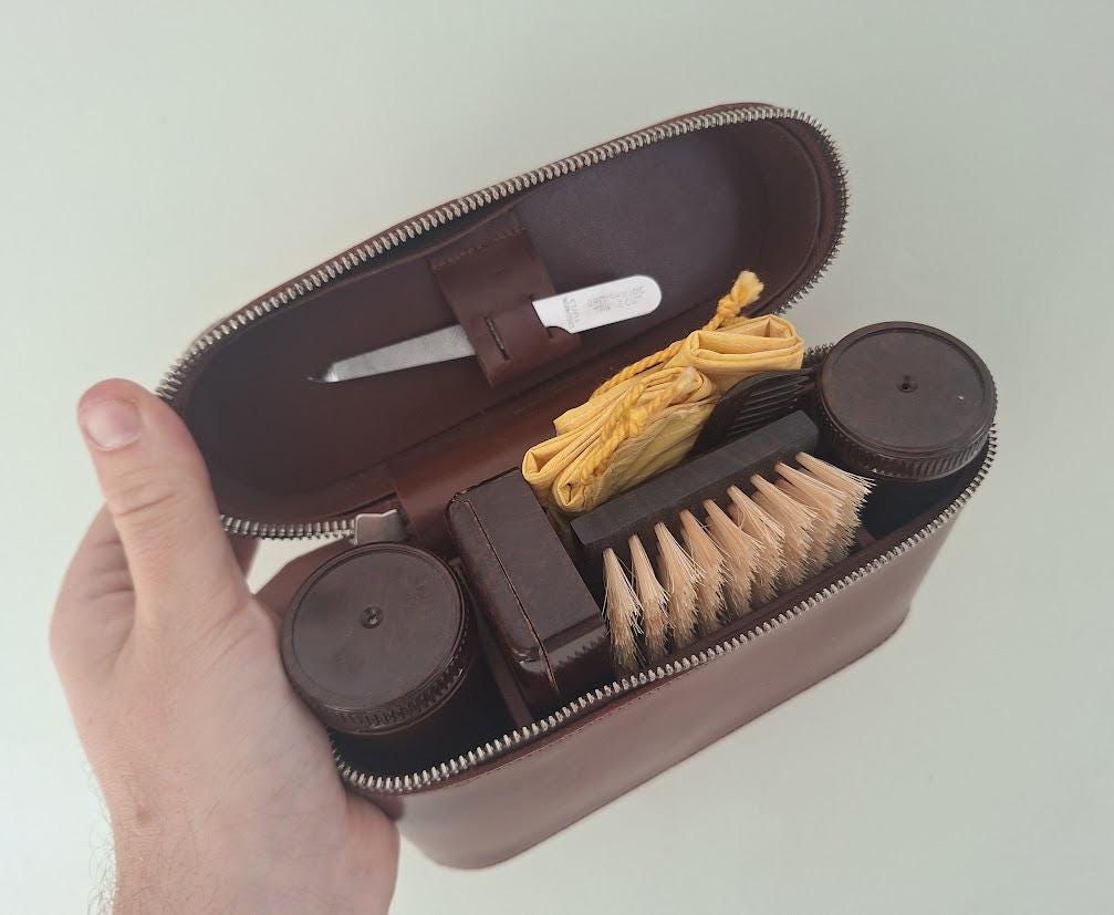 Vintage 1950s 1960s Gentleman's Travel Grooming Set Brown Zip Case Shaving Brush Comb Clothes Brush Toiletry Vanity Kit