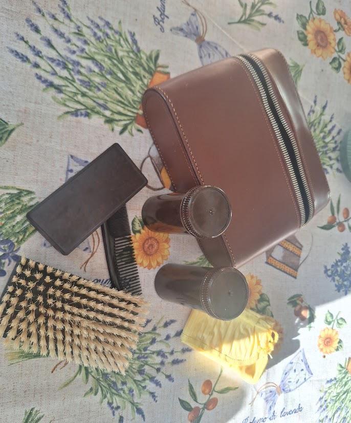 Vintage 1950s 1960s Gentleman's Travel Grooming Set Brown Zip Case Shaving Brush Comb Clothes Brush Toiletry Vanity Kit