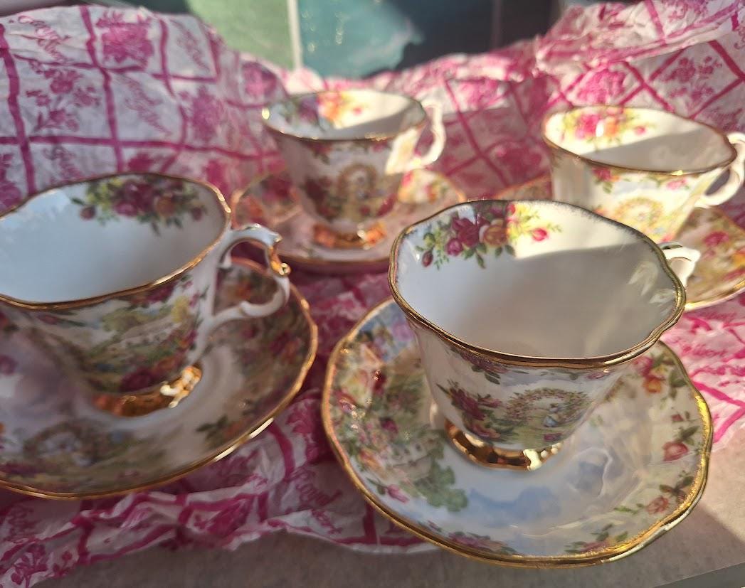 Boxed Set of 6 Royal Albert A Celebration of Old Country Roses Garden Teacups & Saucers 1986 English Bone China Gold Trim