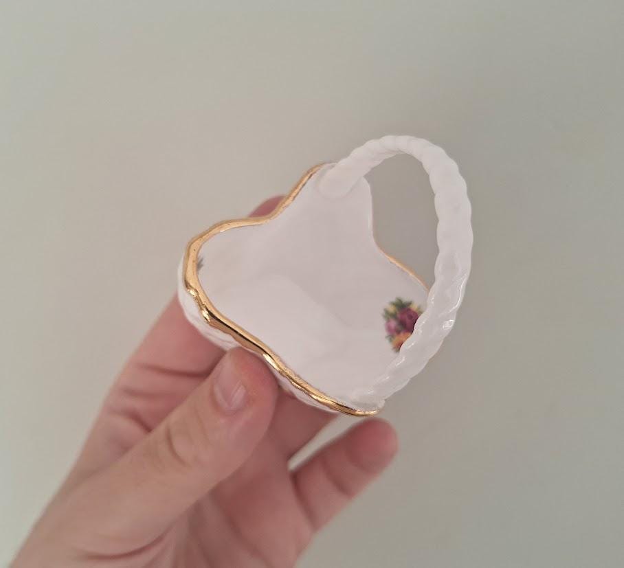 Vintage Royal Albert Old Country Roses Miniature Ornamental Basket, Twisted Handle English Bone China Gold Trim Floral Trinket Dish