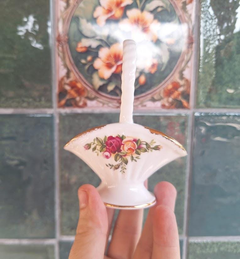 Vintage Royal Albert Old Country Roses Miniature Flower Basket, English Bone China Posy Ornament, Gold Trim, Made in England