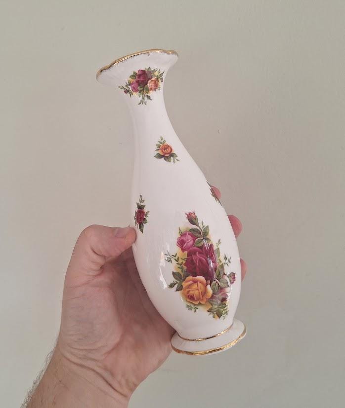 Vintage Royal Albert Old Country Roses Tall Curved Neck Bud Vase, English Bone China Gold Trim, Made in England, 1962 Backstamp