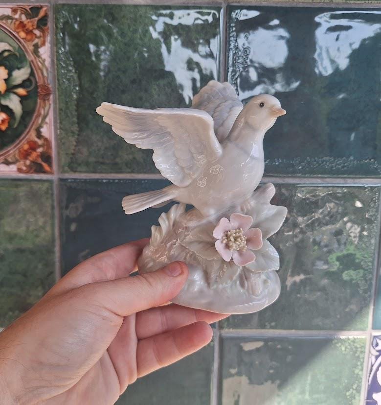 Vintage White Porcelain Dove Figurine with Pink Flower, Flying Bird Ornament, Peace Wedding Gift, Foreign Import Home Decor