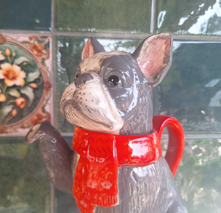 Vintage French Bulldog Teapot Grey Ceramic Dog with Red Scarf, Boston Terrier Novelty Teaware, Kitsch Kitchen Dog Lover Gift