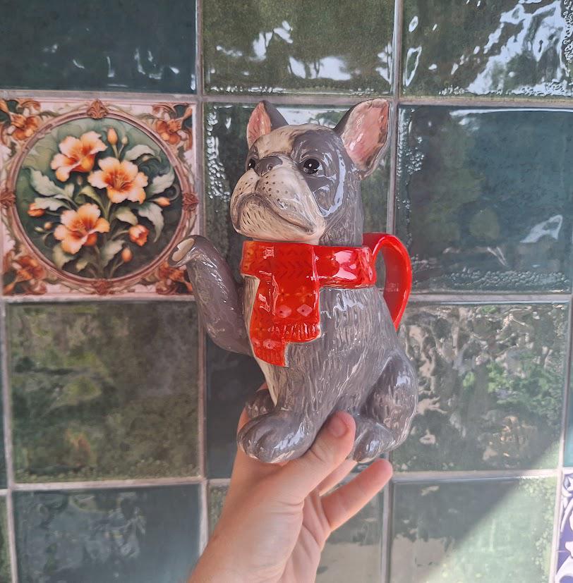 Vintage French Bulldog Teapot Grey Ceramic Dog with Red Scarf, Boston Terrier Novelty Teaware, Kitsch Kitchen Dog Lover Gift