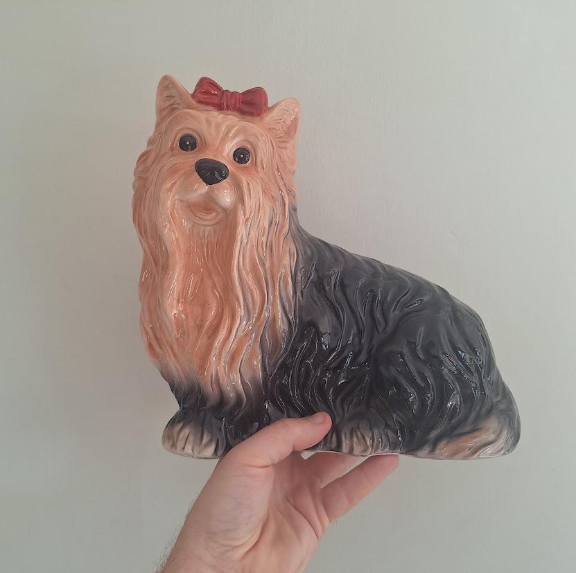Vintage Leonardo Collection Yorkshire Terrier Figurine, Large Ceramic Yorkie Dog with Red Bow, Black and Tan Dog Lover Decor