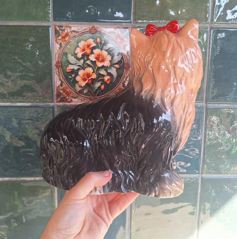 Vintage Leonardo Collection Yorkshire Terrier Figurine, Large Ceramic Yorkie Dog with Red Bow, Black and Tan Dog Lover Decor