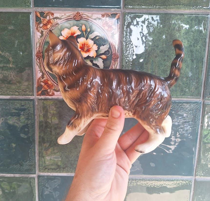 Vintage Coopercraft Brown Tabby Cat Figurine, 1970s Made in England Ceramic Walking Cat Ornament, Green Eyes, Cat Lover Gift