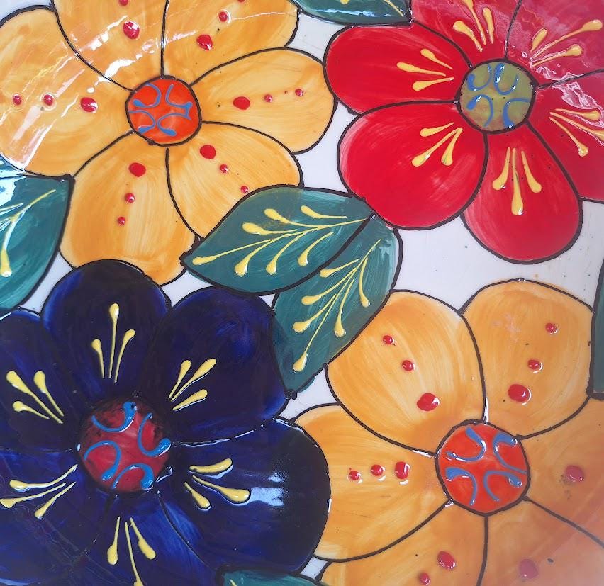 Vintage Del Rio Salado Flor Maya Large Floral Serving Bowl, Hand Painted Spanish Pottery Charger, Colourful Andalusian Wall Decor