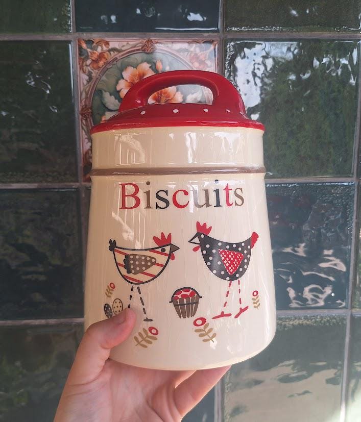 Retro Ceramic Biscuit Jar with Red Lid, Black & White Hen Chicken Kitchen Canister, Farmhouse Storage Pot with Handle
