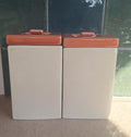 Pair of Cream Ceramic Kitchen Canisters with Terracotta Brown Lids, Square Storage Jars, Minimalist Retro Pantry Decor