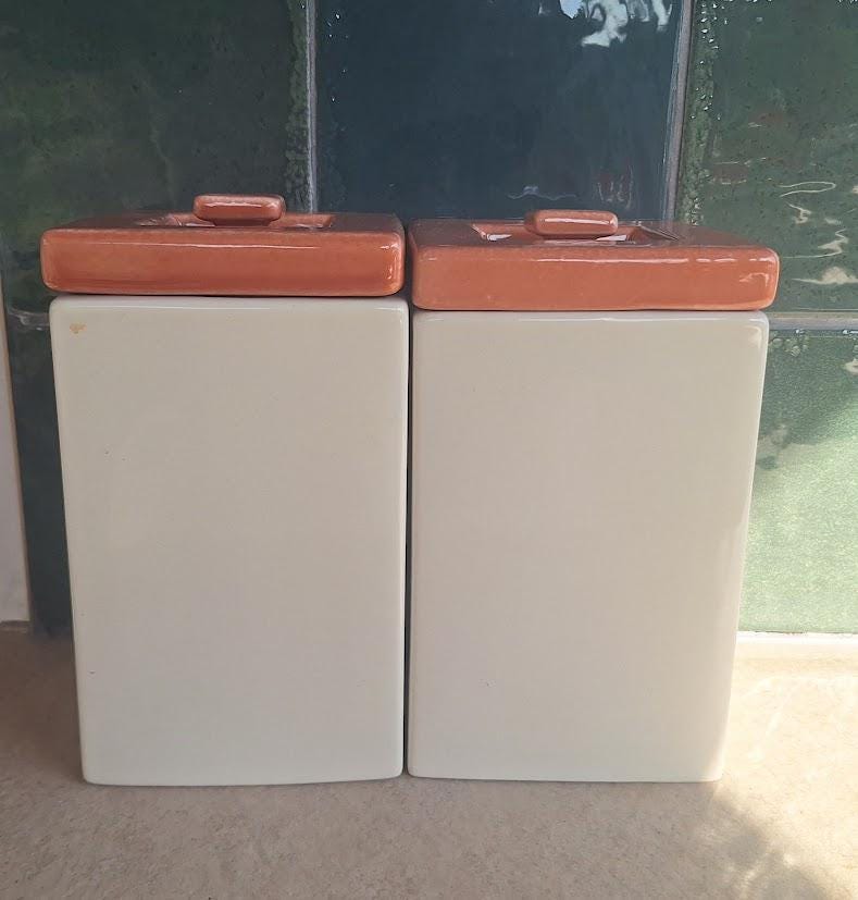Pair of Cream Ceramic Kitchen Canisters with Terracotta Brown Lids, Square Storage Jars, Minimalist Retro Pantry Decor